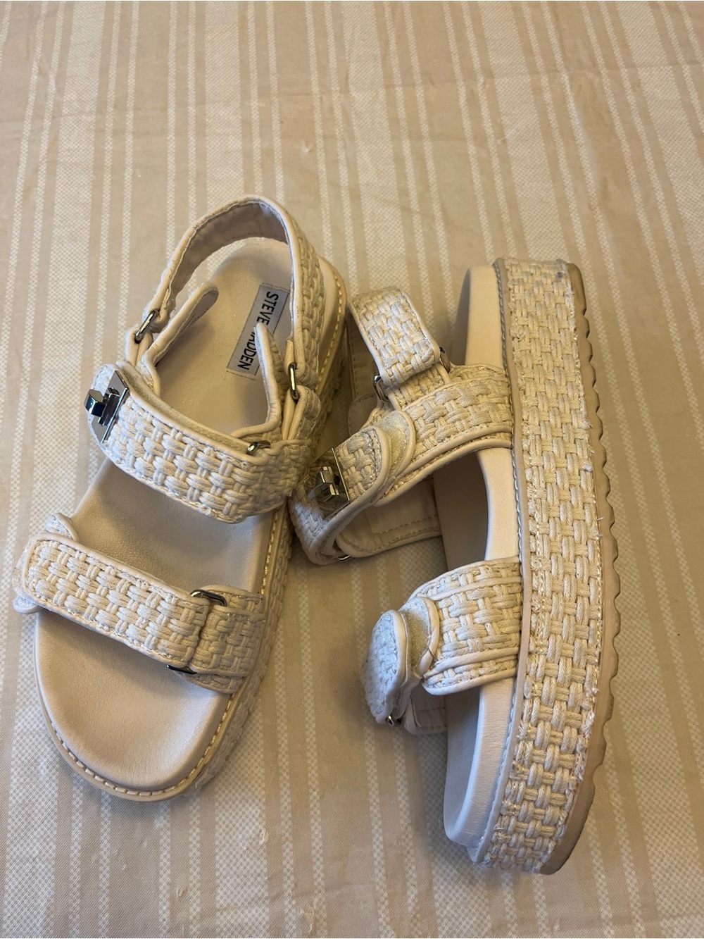 Steve Madden women’s Cream Woven Platform Sandals with Buckle Straps